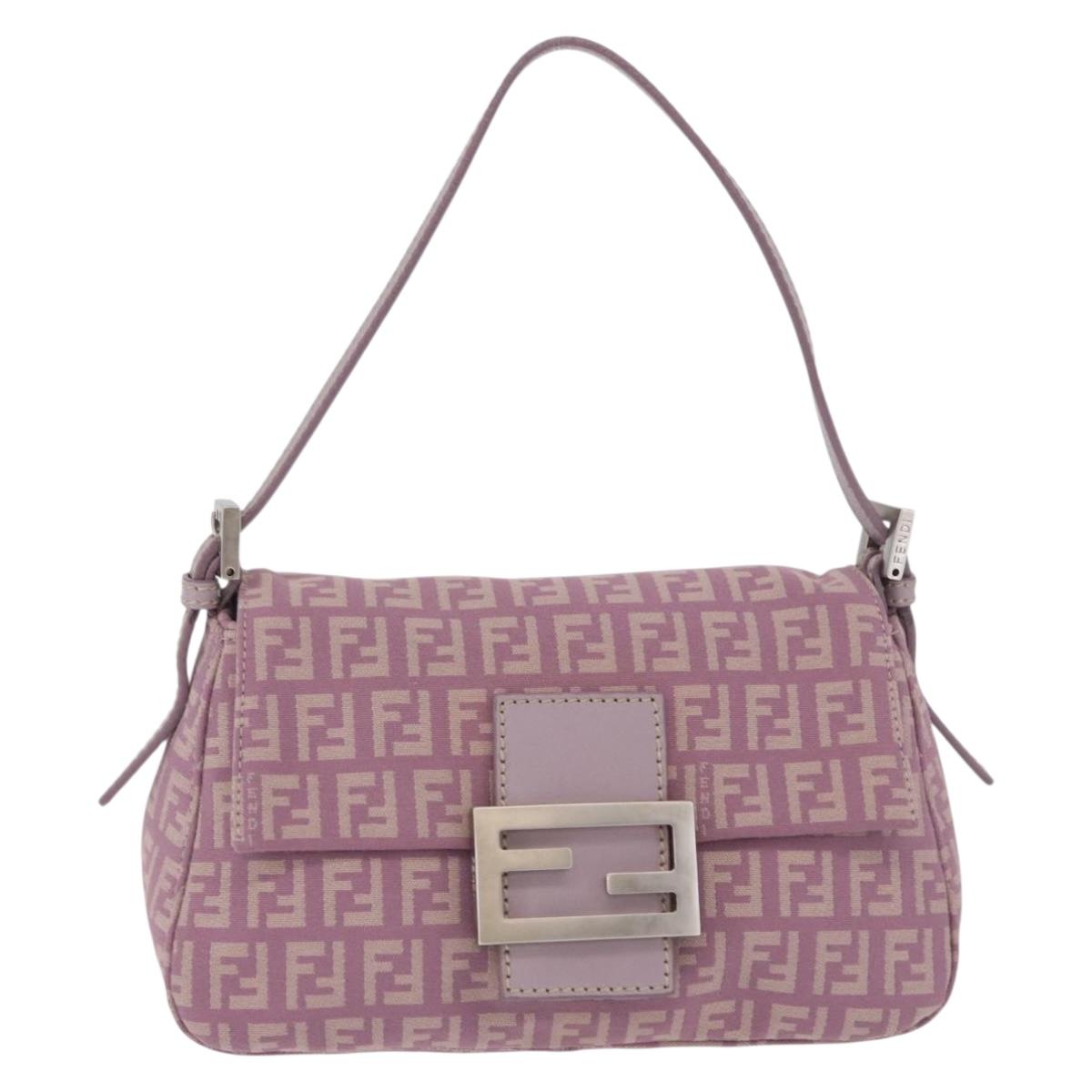 FENDI Zucchino Canvas Mini Mamma Baguette Bag Purple Silver Auth ki6806M