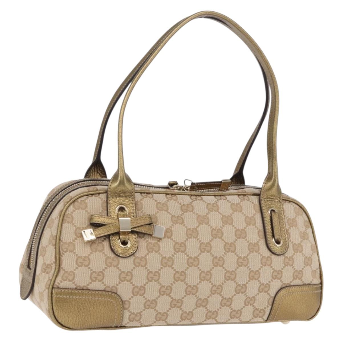 GUCCI GG Canvas Hand Bag Leather Beige Gold 161720 Auth ki6809V