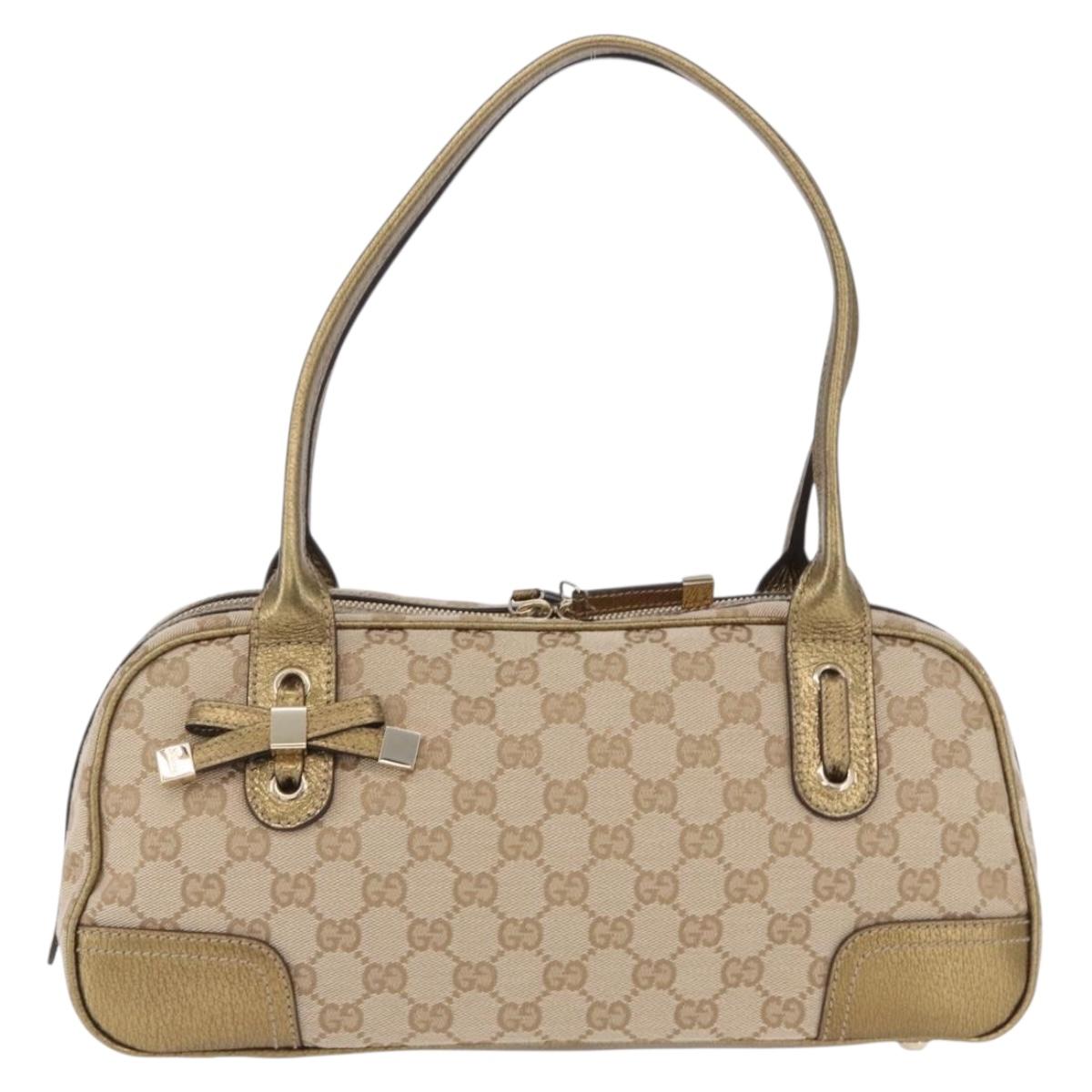 GUCCI GG Canvas Hand Bag Leather Beige Gold 161720 Auth ki6809V
