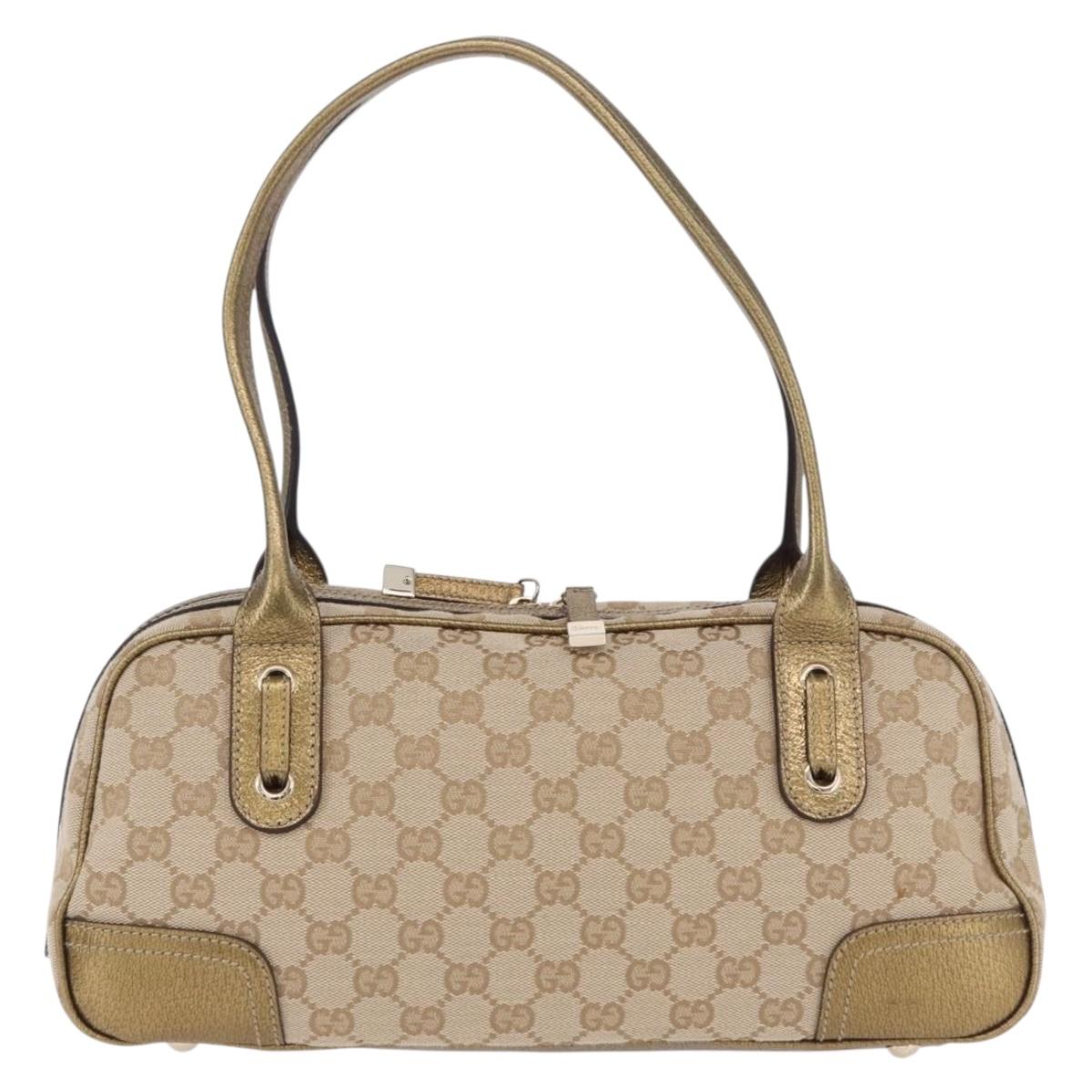 GUCCI GG Canvas Hand Bag Leather Beige Gold 161720 Auth ki6809V