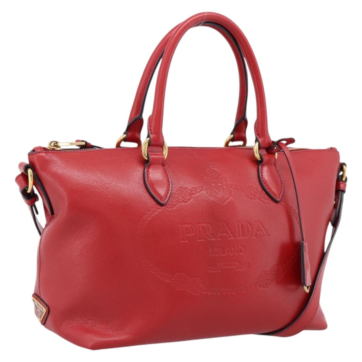 PRADA Hand Bag Leather 2way Red Gold Auth ki6814V