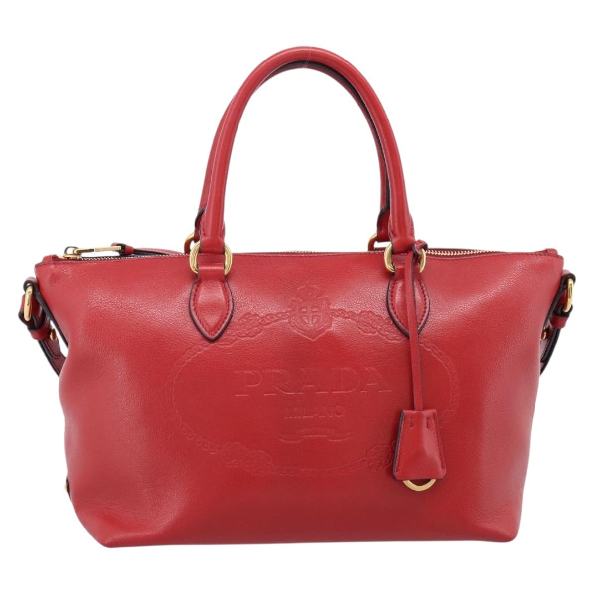 PRADA Hand Bag Leather 2way Red Gold Auth ki6814V