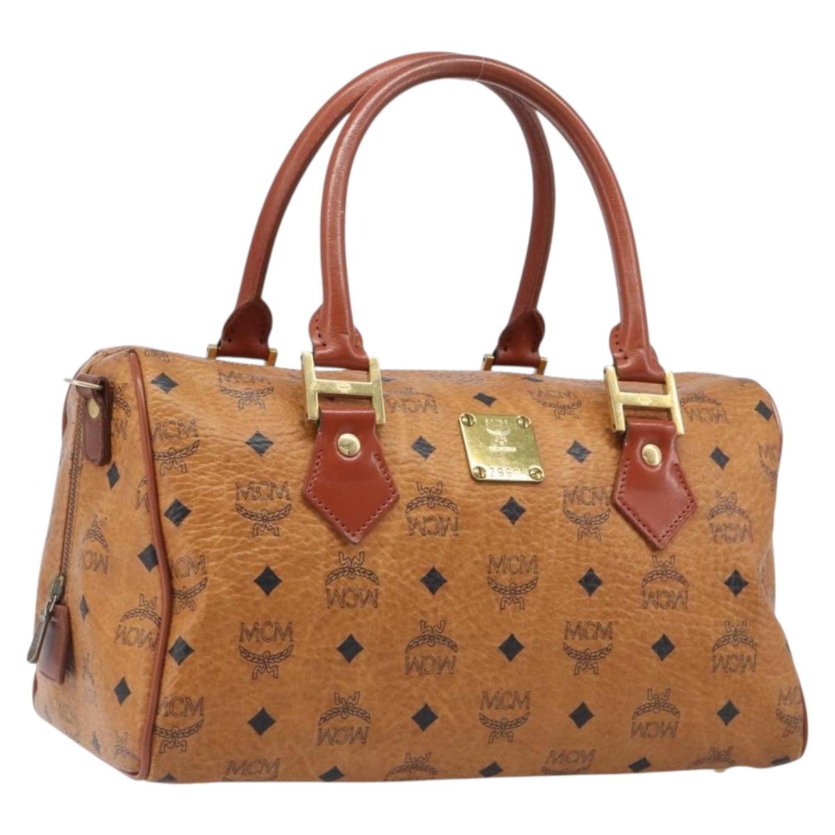 MCM Vicetos Logogram Mini Boston Bag PVC Leather Brown Gold Auth ki6815