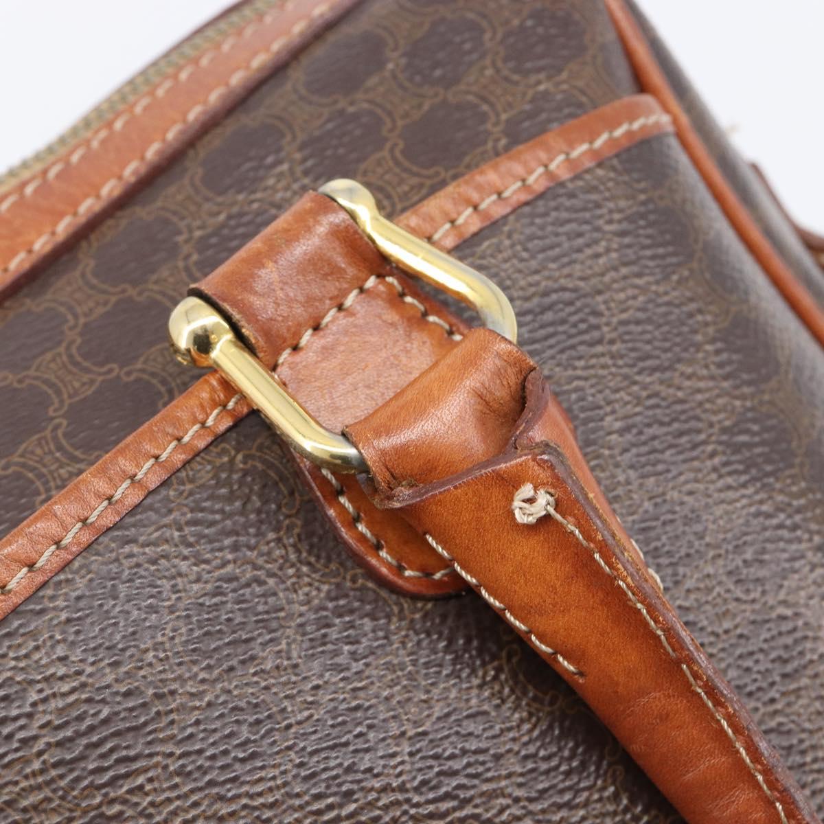 CELINE Macadam Canvas Mini Boston Bag PVC Leather Brown Gold Auth ki6818