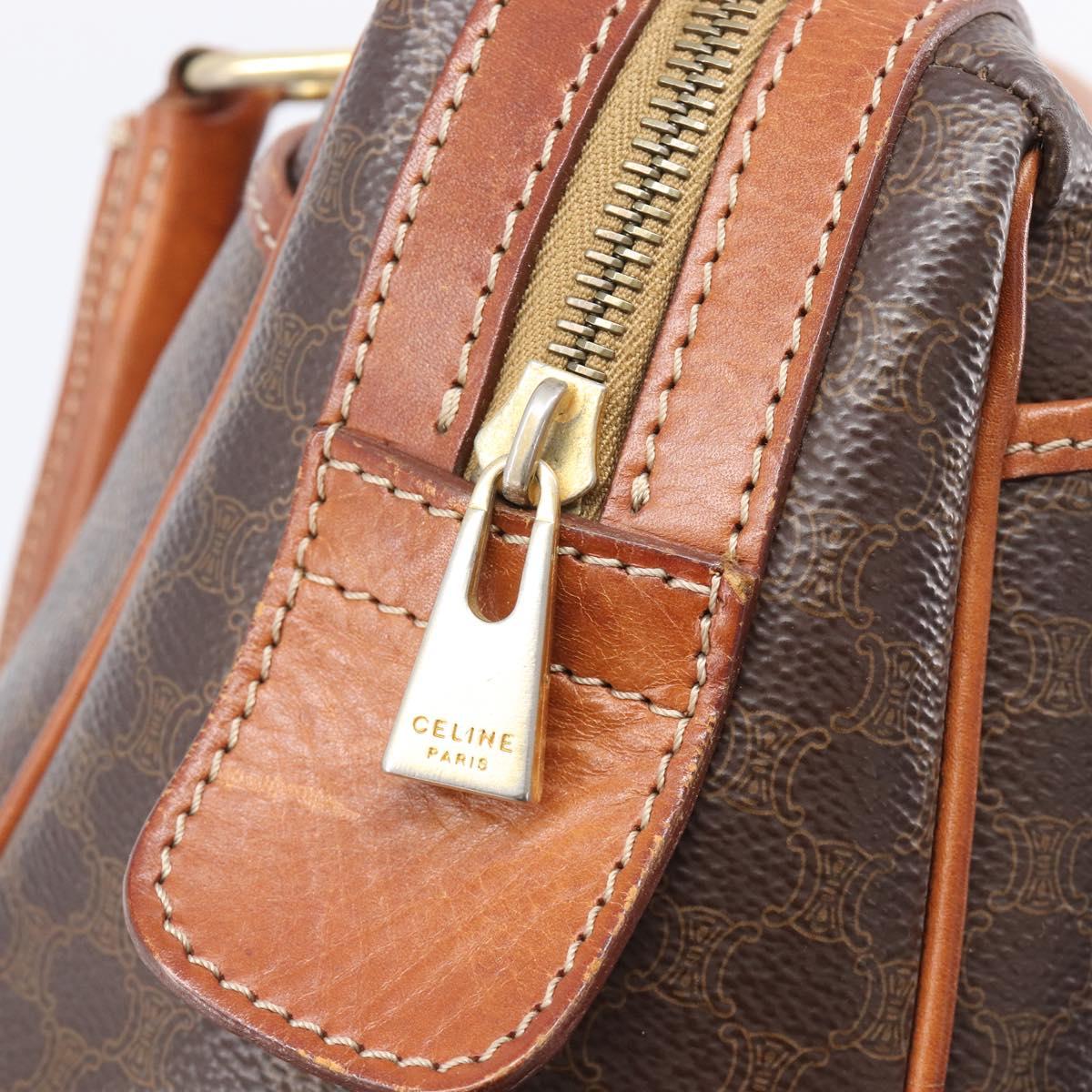 CELINE Macadam Canvas Mini Boston Bag PVC Leather Brown Gold Auth ki6818
