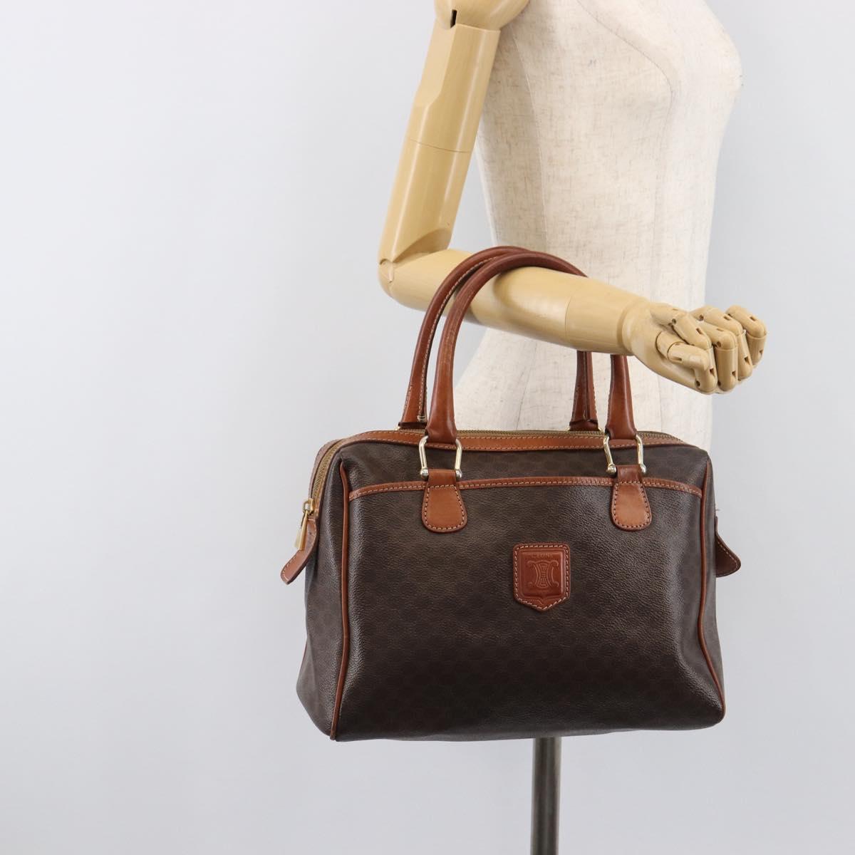 CELINE Macadam Canvas Mini Boston Bag PVC Leather Brown Gold Auth ki6818