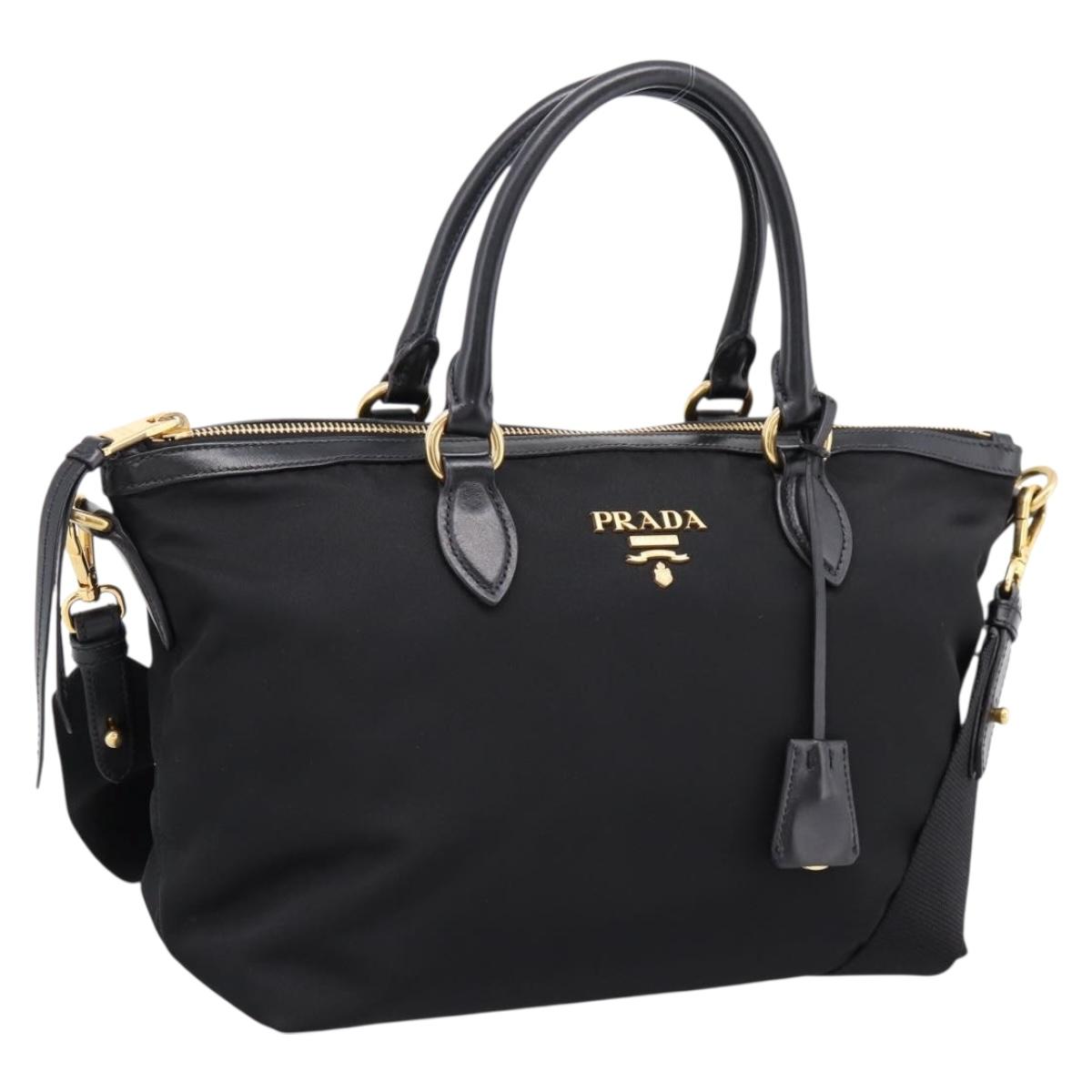 PRADA Hand Bag Nylon Leather 2way Black Gold Auth ki6822V