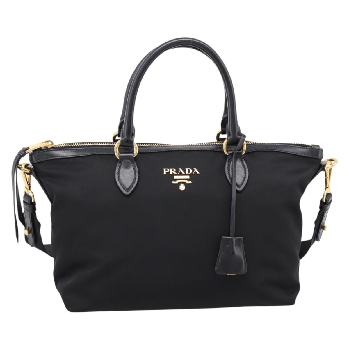 PRADA Hand Bag Nylon Leather 2way Black Gold Auth ki6822V