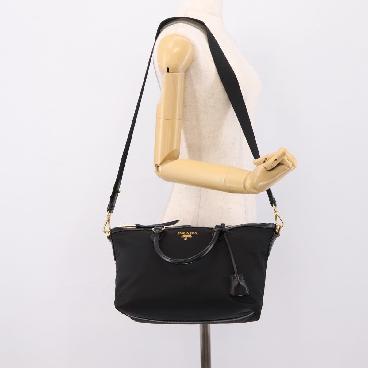 PRADA Hand Bag Nylon Leather 2way Black Gold Auth ki6822V