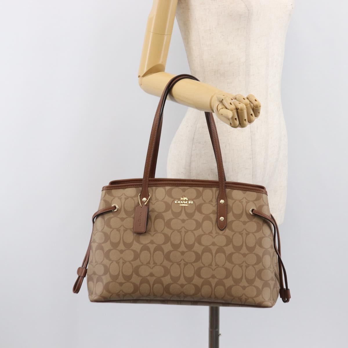 Coach Signature Tote Bag PVC Beige Gold Auth ki6830A