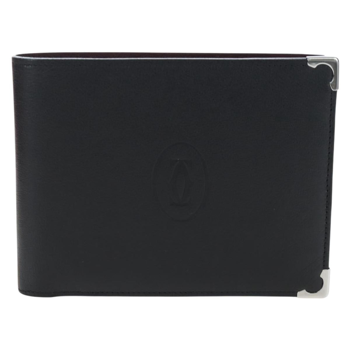 CARTIER Bifold Wallet Leather Black Silver Auth ki6832V