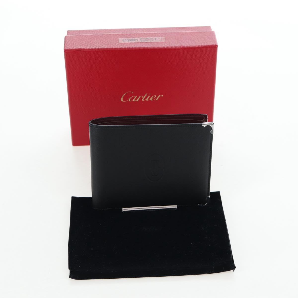CARTIER Bifold Wallet Leather Black Silver Auth ki6832V