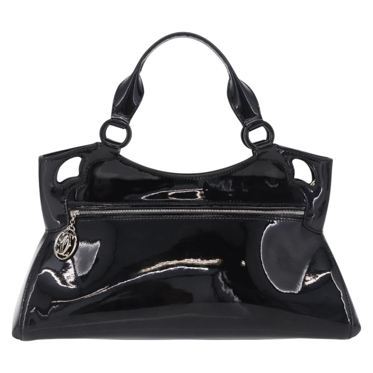 CARTIER Hand Bag Patent Leather Black Silver Auth ki6838A