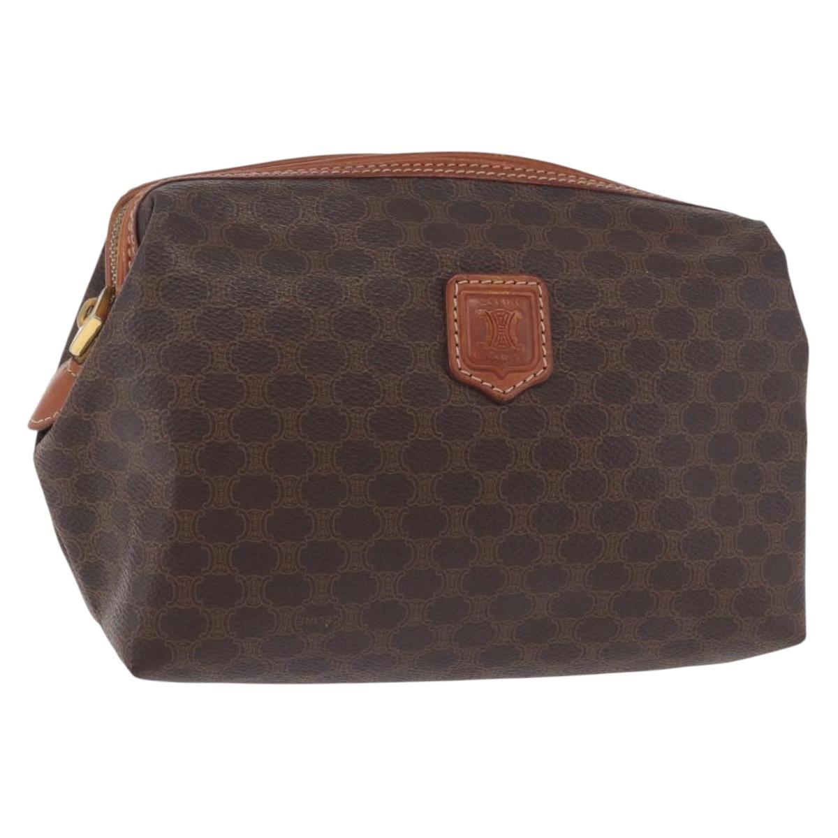 CELINE Macadam Canvas Pouch PVC Leather Brown Gold Auth ki6839