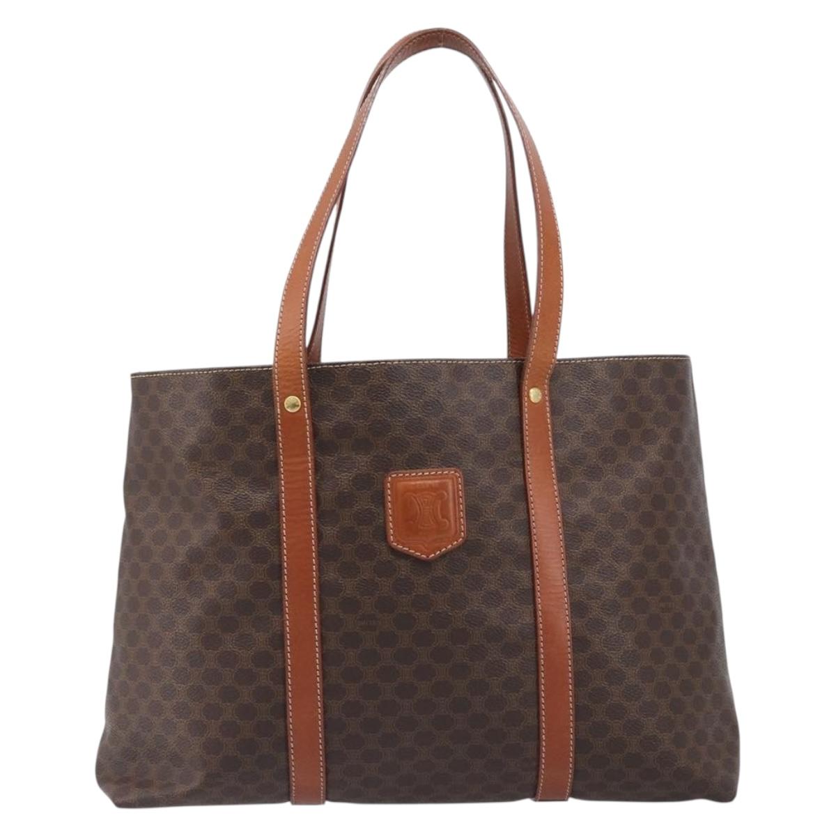 CELINE Macadam Canvas Tote Bag PVC Leather Brown Gold Auth ki6842A