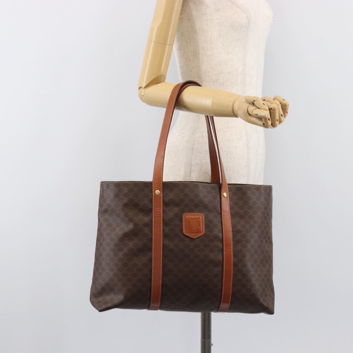CELINE Macadam Canvas Tote Bag PVC Leather Brown Gold Auth ki6842A