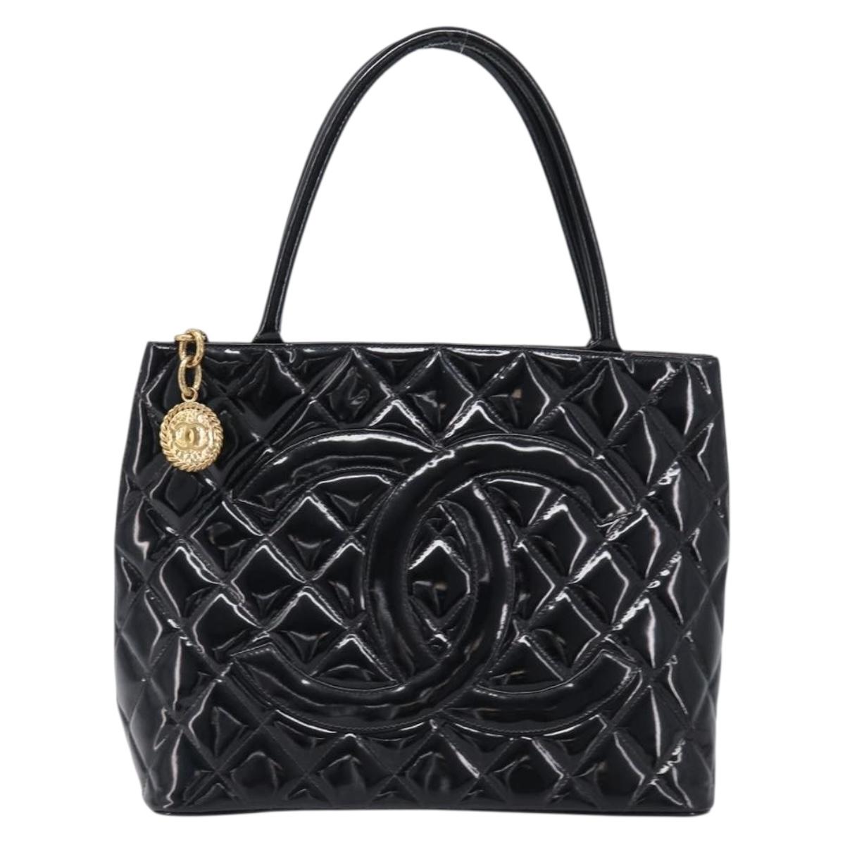 CHANEL COCO Mark Standard Tote Bag Patent Leather Black Gold CC Auth ki6845M