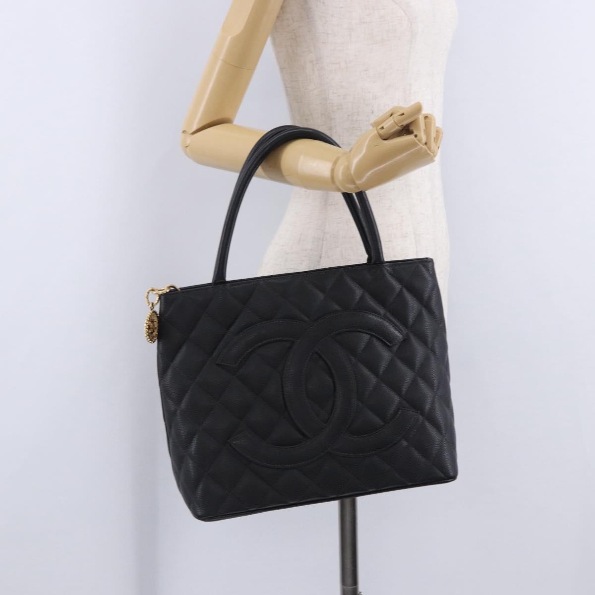 CHANEL COCO Mark Standard Tote Bag Caviar Skin Black Gold CC Auth ki6846M
