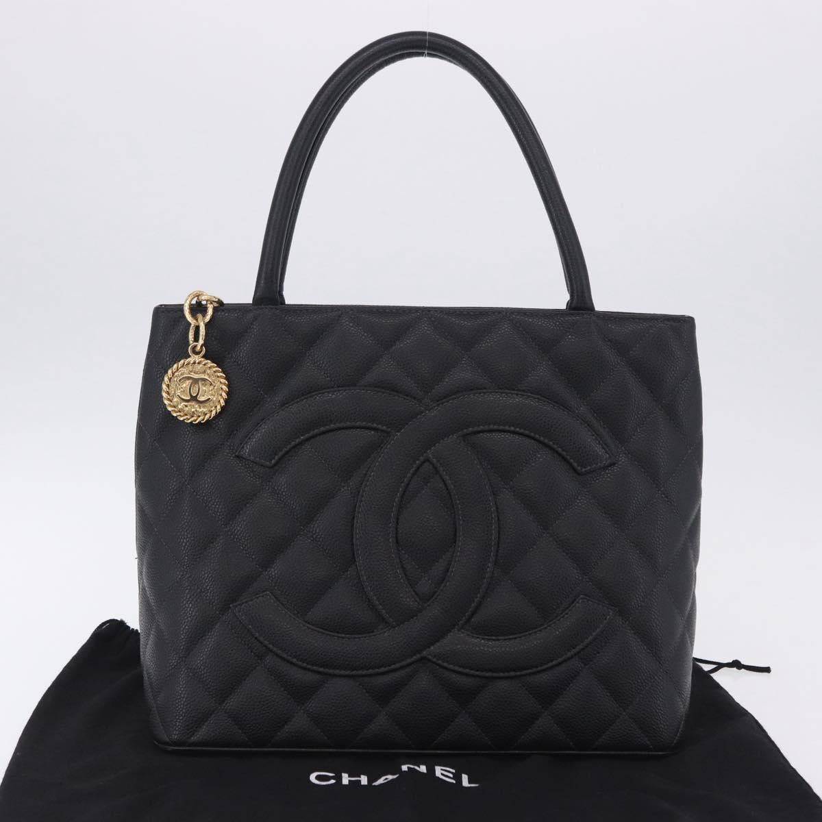 CHANEL COCO Mark Standard Tote Bag Caviar Skin Black Gold CC Auth ki6846M