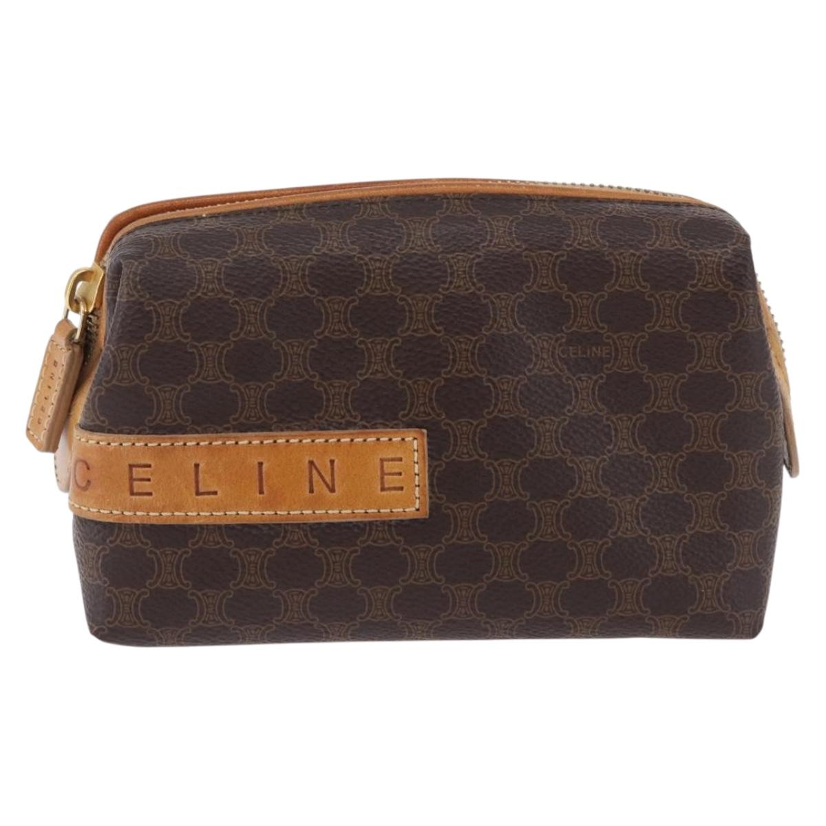 CELINE Macadam Canvas Pouch PVC Leather Brown Gold Auth ki6850