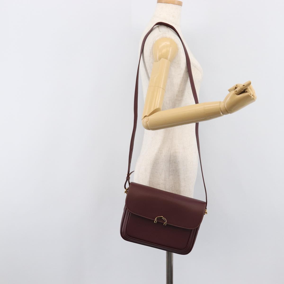 CARTIER Shoulder Bag Leather Bordeaux Gold Auth ki6853V