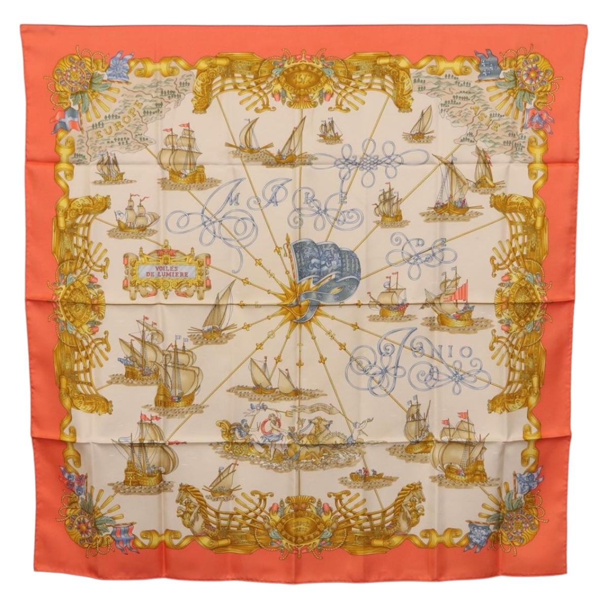 HERMES Carre 90 Scarf Silk ""VOILES DE LUMIERE"" Orange Auth ki6854