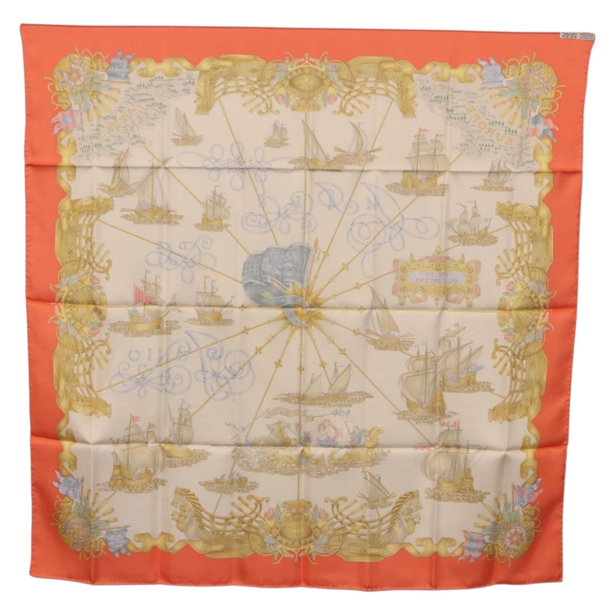 HERMES Carre 90 Scarf Silk ""VOILES DE LUMIERE"" Orange Auth ki6854