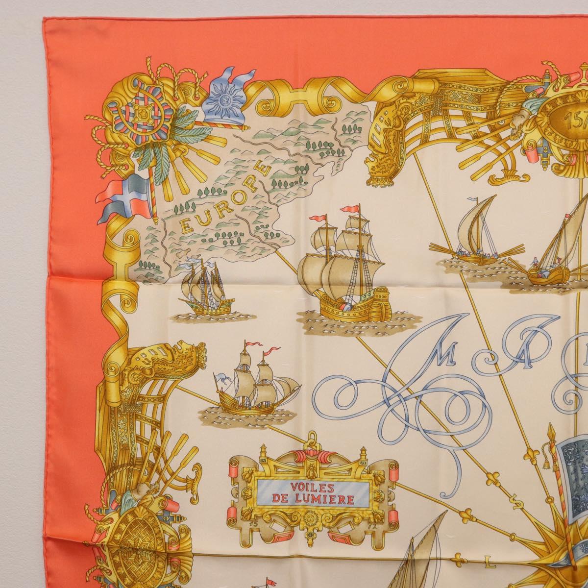 HERMES Carre 90 Scarf Silk ""VOILES DE LUMIERE"" Orange Auth ki6854