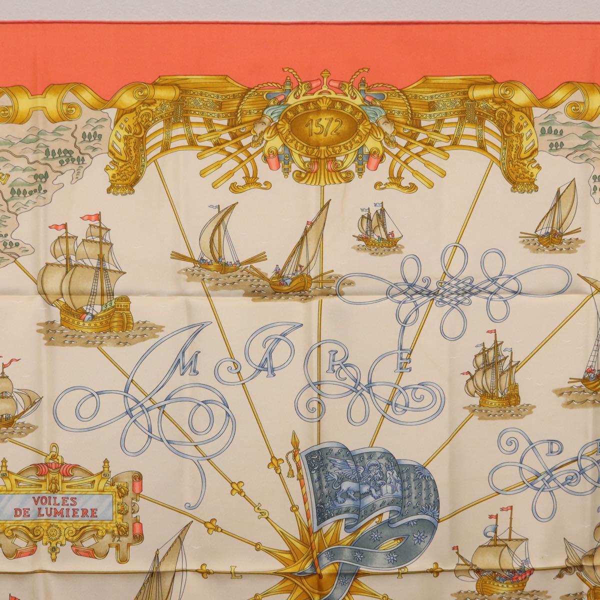 HERMES Carre 90 Scarf Silk ""VOILES DE LUMIERE"" Orange Auth ki6854