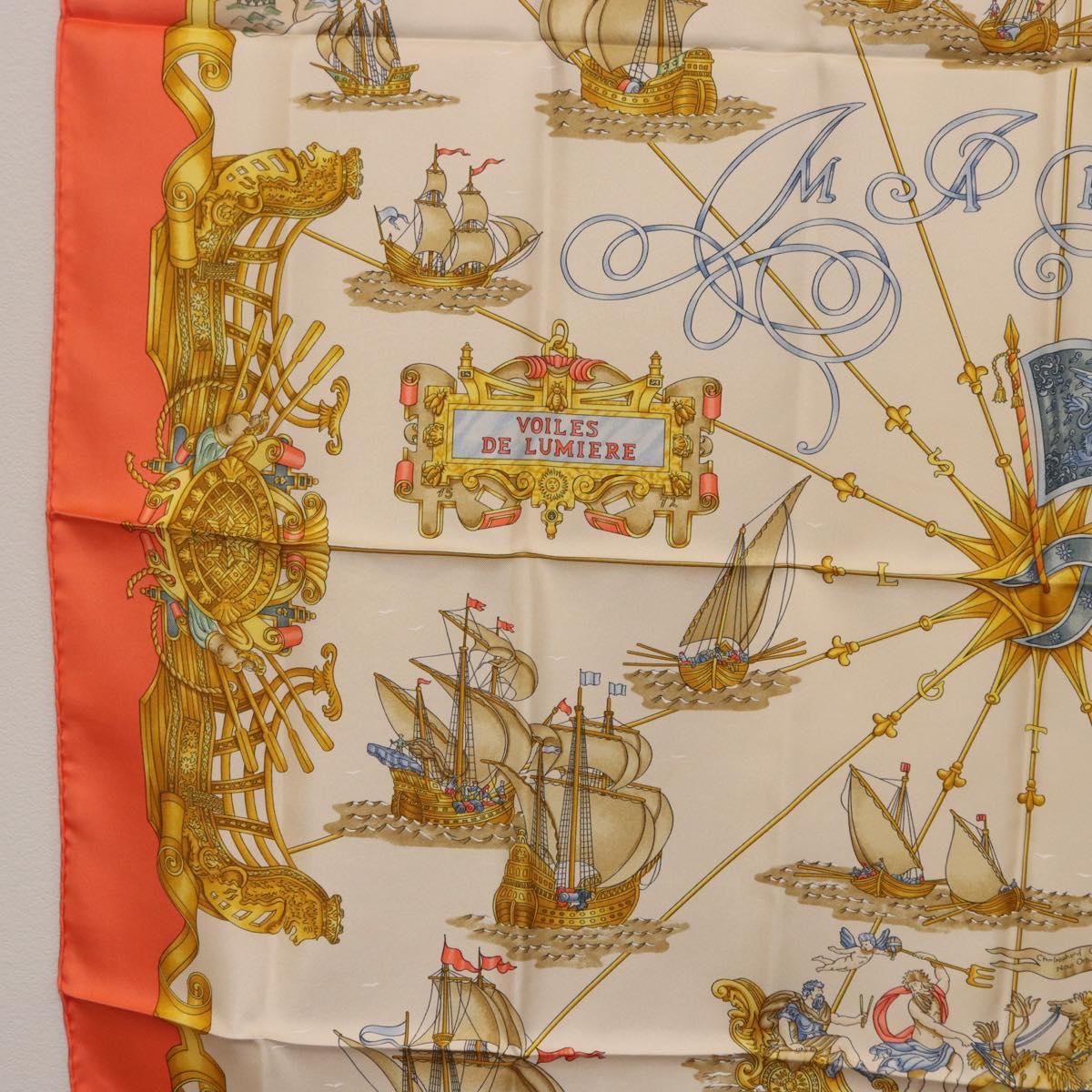 HERMES Carre 90 Scarf Silk ""VOILES DE LUMIERE"" Orange Auth ki6854