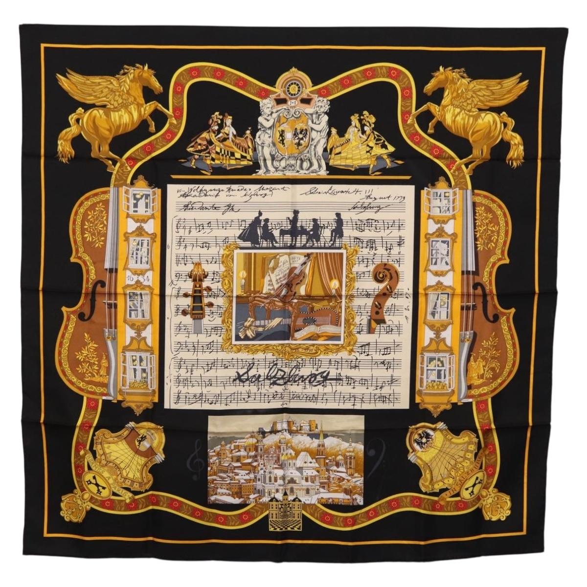HERMES Carre 90 Scarf Silk ""IN SALZBURG"" Black Auth ki6855