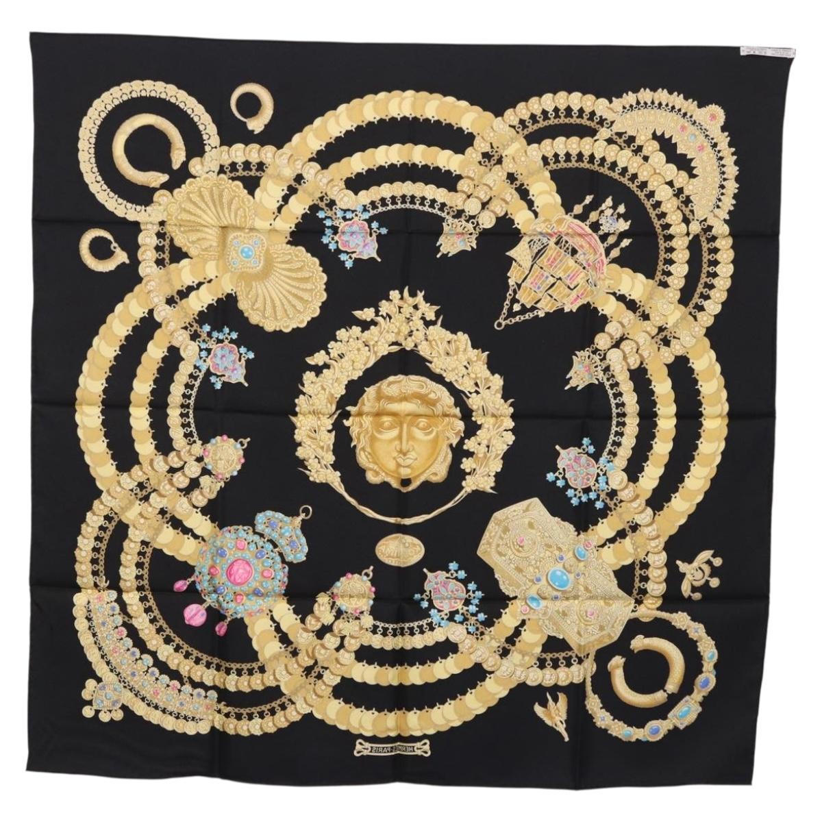 HERMES Carre 90 Scarf Silk ""KOSMIMA"" Black Auth ki6856
