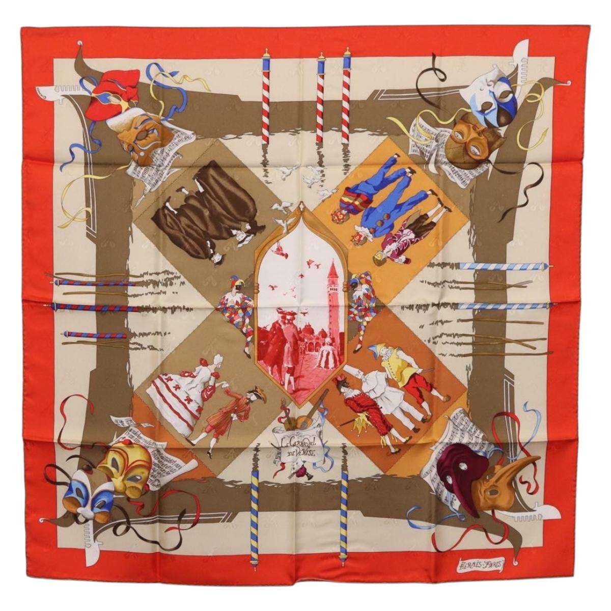 HERMES Carre 90 Scarf Silk ""LE CARNAVAL DE VENISE"" Red Auth ki6857