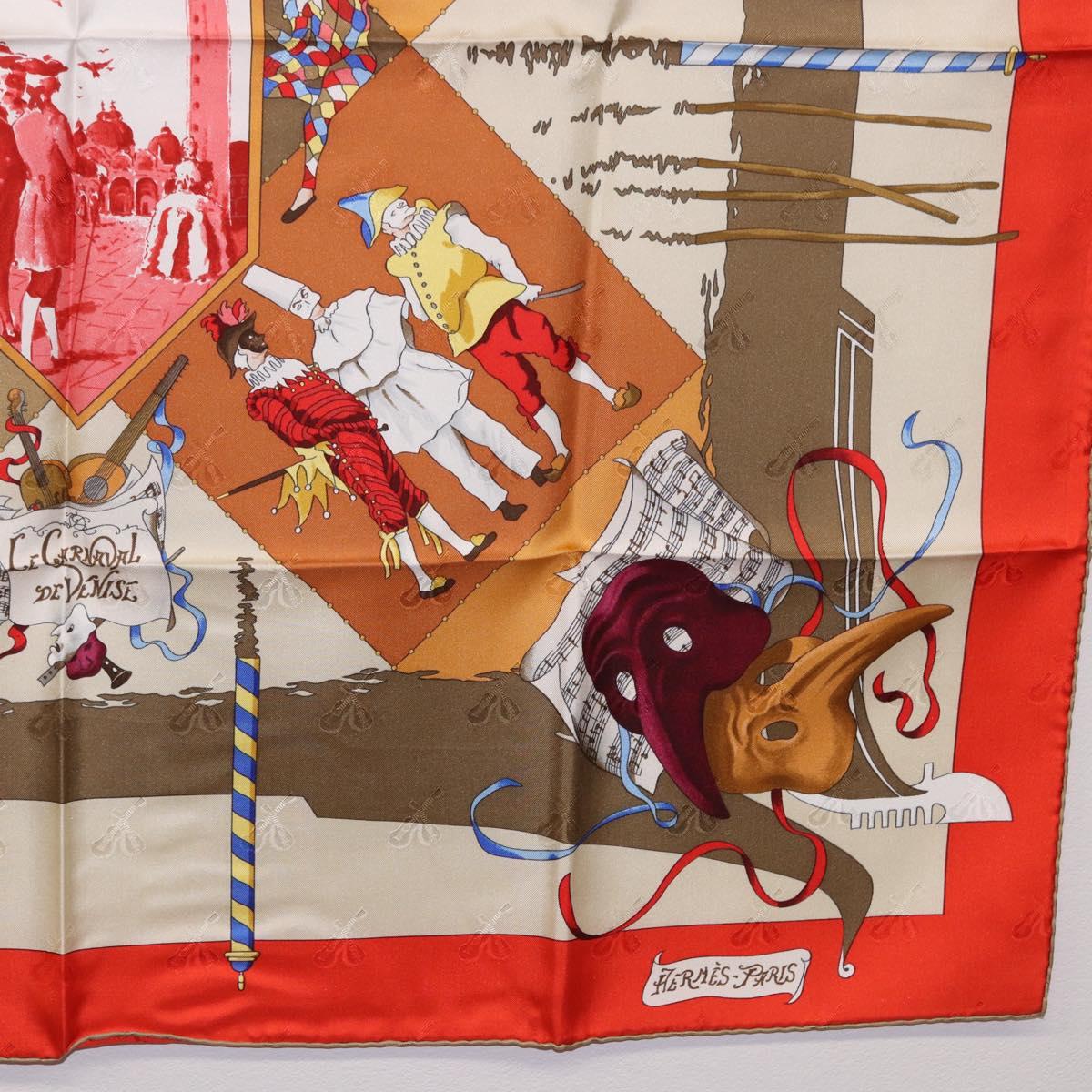 HERMES Carre 90 Scarf Silk ""LE CARNAVAL DE VENISE"" Red Auth ki6857