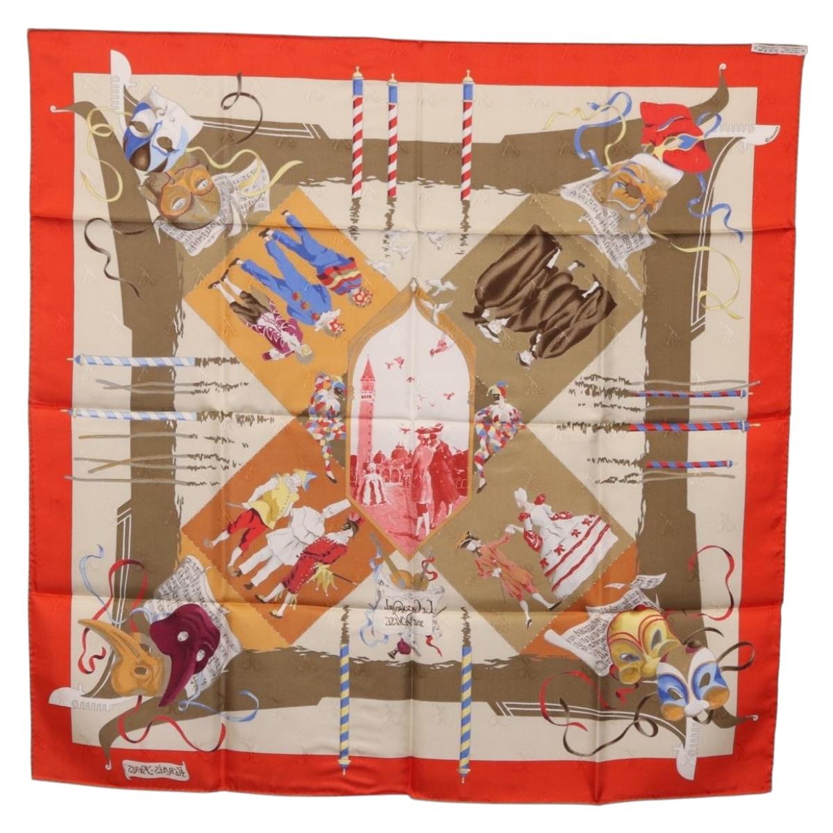 HERMES Carre 90 Scarf Silk ""LE CARNAVAL DE VENISE"" Red Auth ki6857