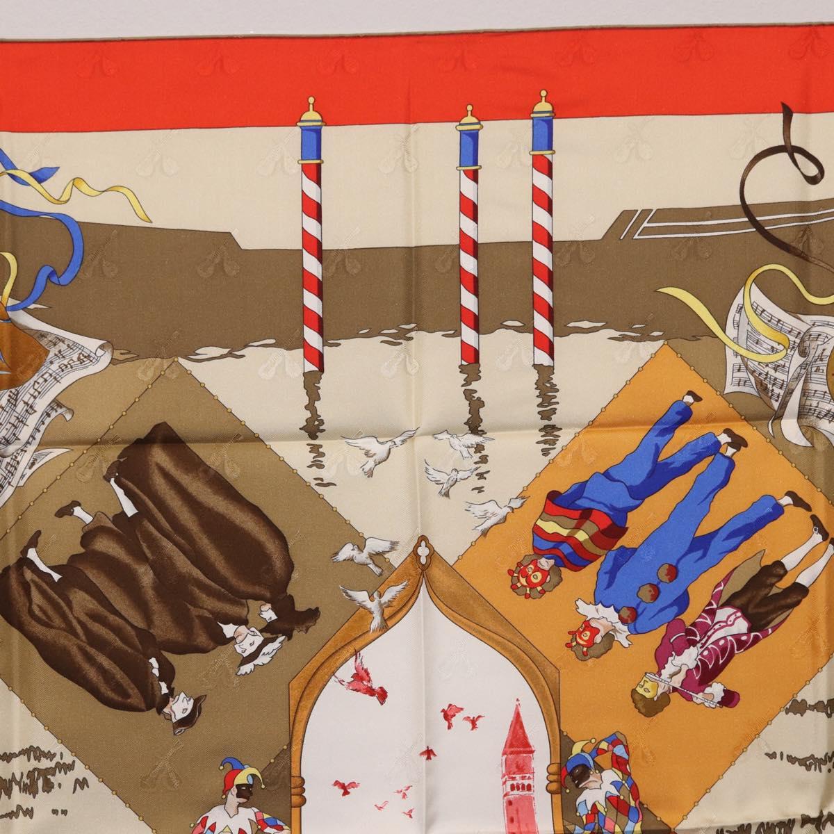 HERMES Carre 90 Scarf Silk ""LE CARNAVAL DE VENISE"" Red Auth ki6857