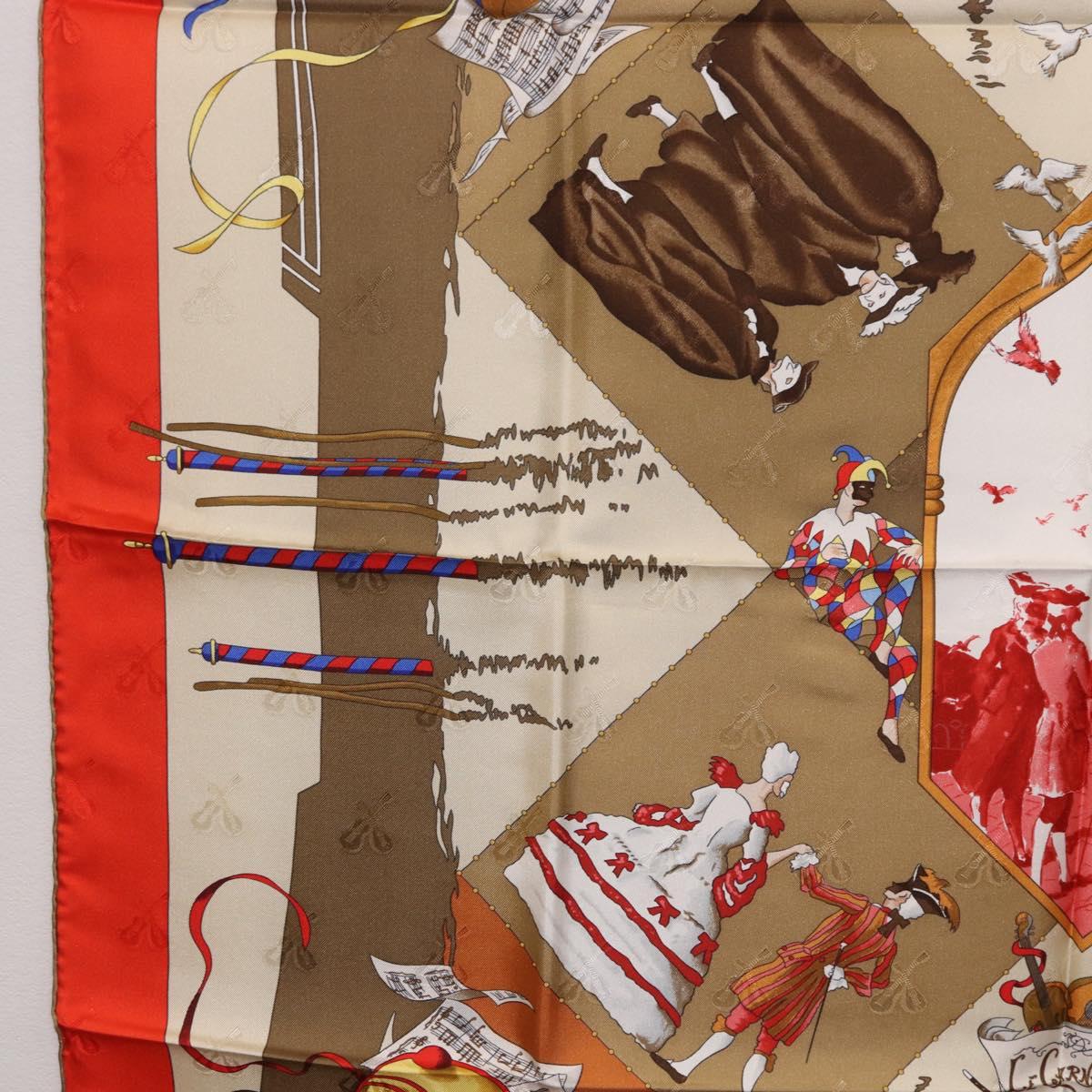 HERMES Carre 90 Scarf Silk ""LE CARNAVAL DE VENISE"" Red Auth ki6857