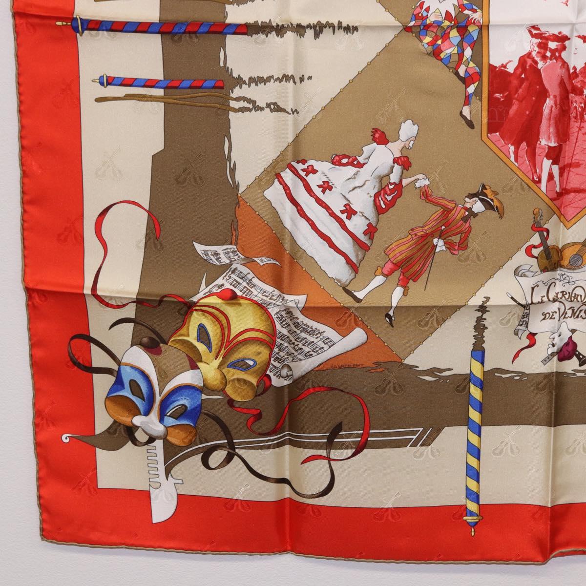 HERMES Carre 90 Scarf Silk ""LE CARNAVAL DE VENISE"" Red Auth ki6857