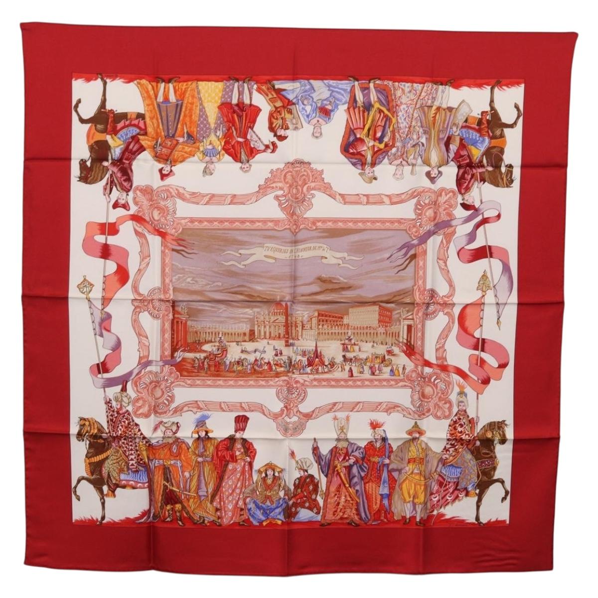 HERMES Carre 90 Scarf Silk ""TURQVERIES EN L'HONNEUR DE MHT"" Red Auth ki6858