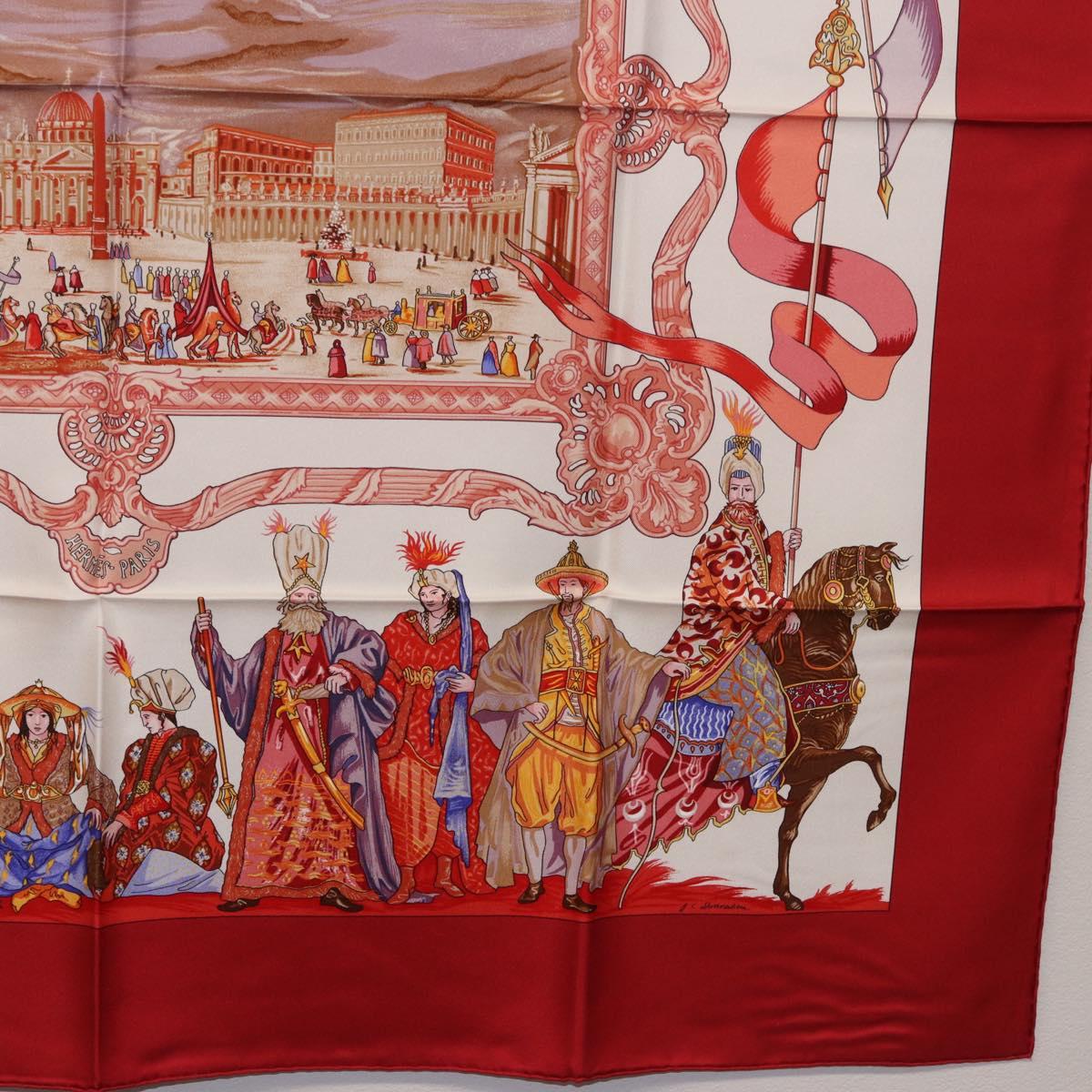 HERMES Carre 90 Scarf Silk ""TURQVERIES EN L'HONNEUR DE MHT"" Red Auth ki6858