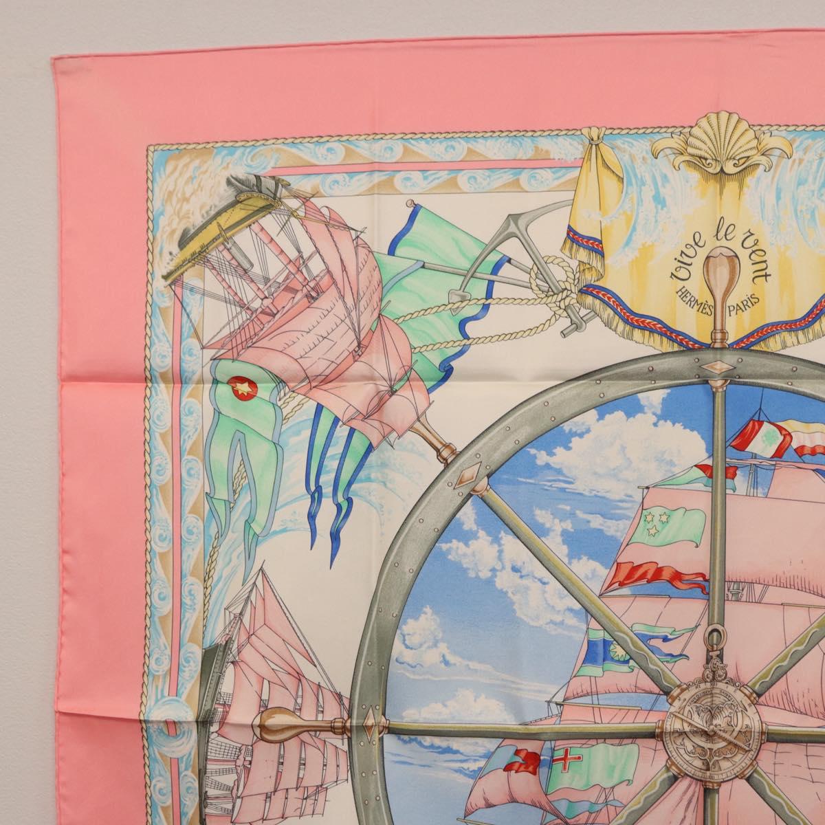 HERMES Carre 90 Scarf Silk ""vive le vent"" Pink Auth ki6861
