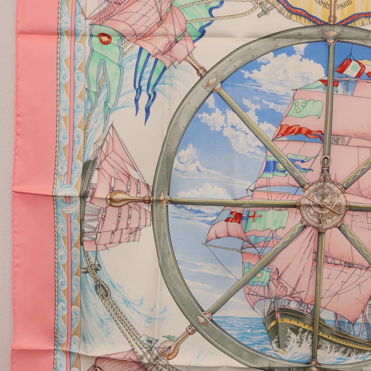 HERMES Carre 90 Scarf Silk ""vive le vent"" Pink Auth ki6861