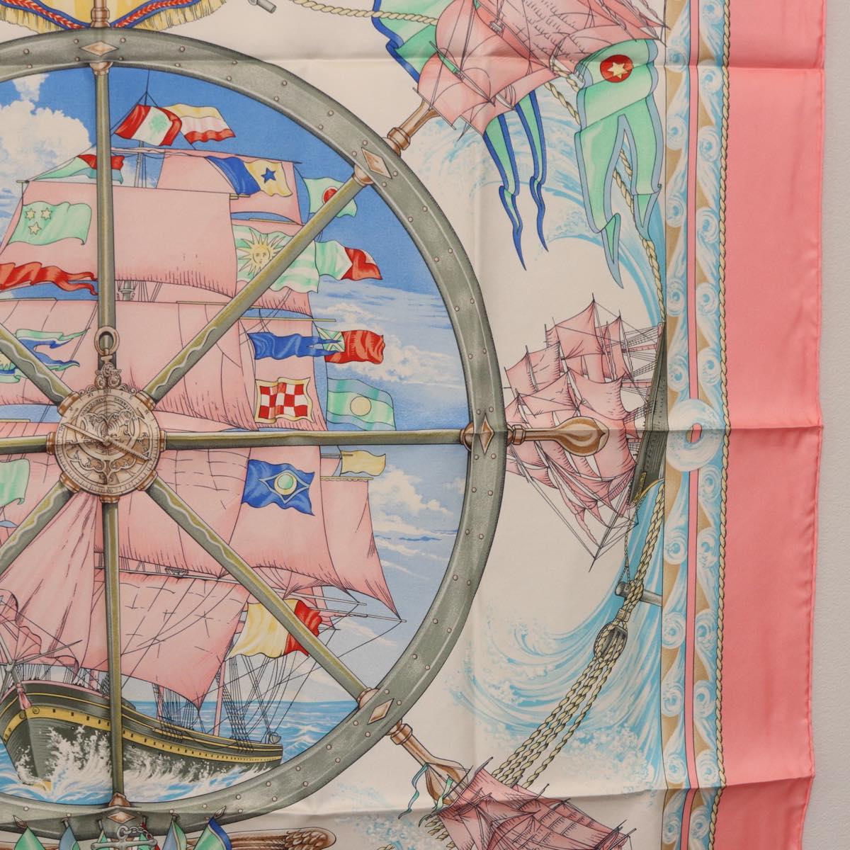 HERMES Carre 90 Scarf Silk ""vive le vent"" Pink Auth ki6861