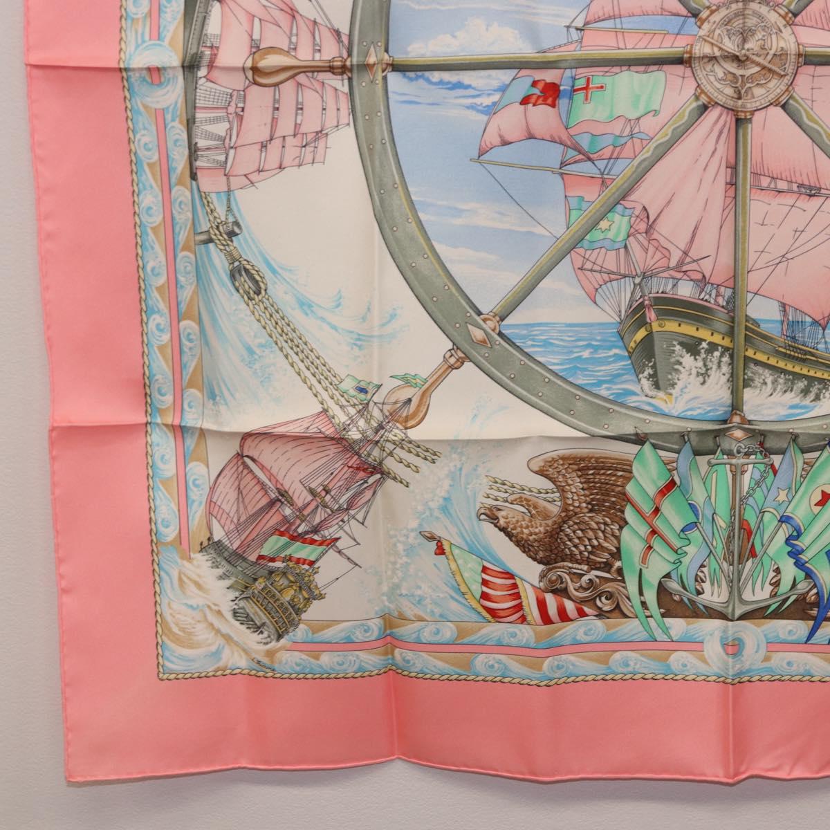 HERMES Carre 90 Scarf Silk ""vive le vent"" Pink Auth ki6861