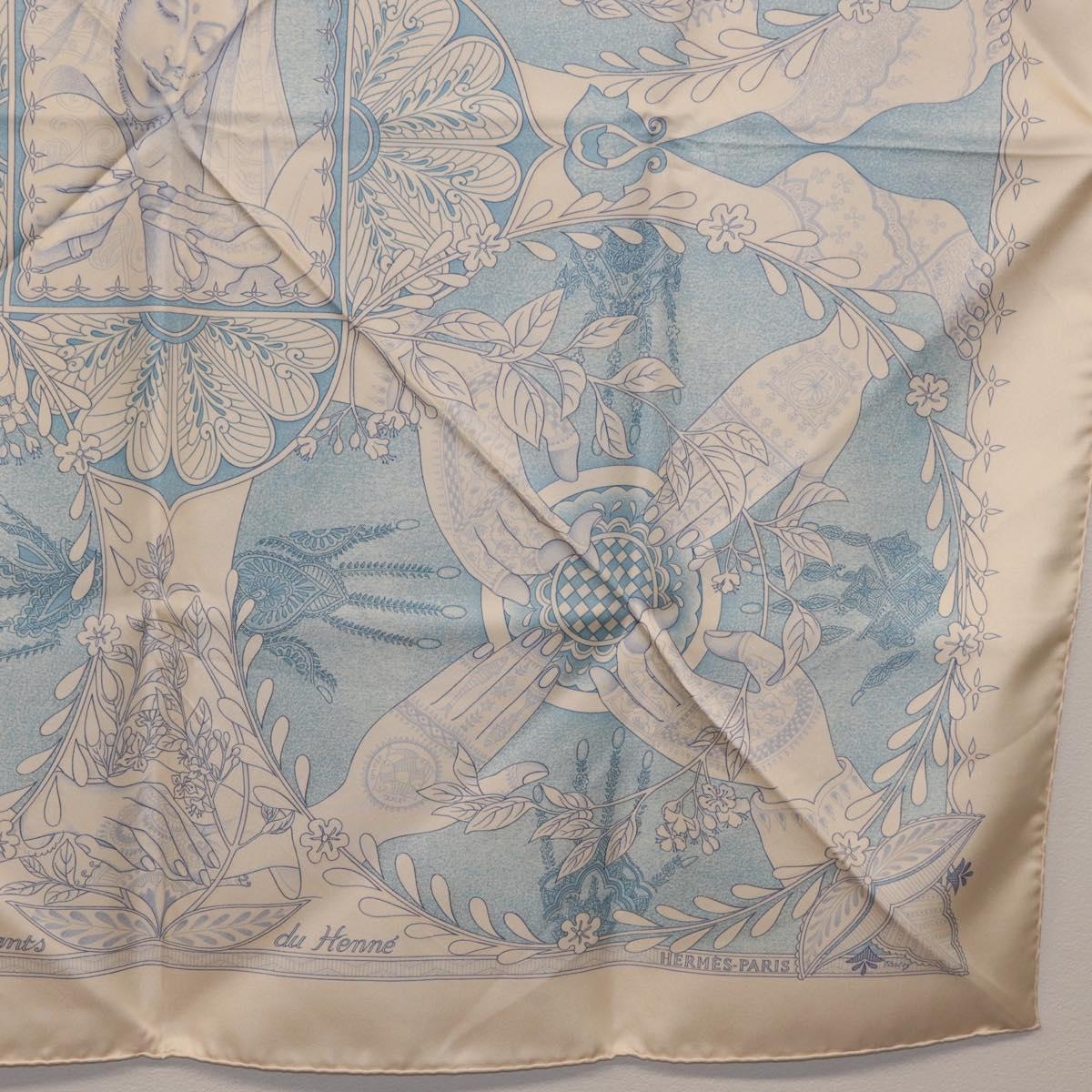 HERMES Carre 90 Scarf Silk Beige Light Blue ""Les chants du Henna"" Auth ki6863M