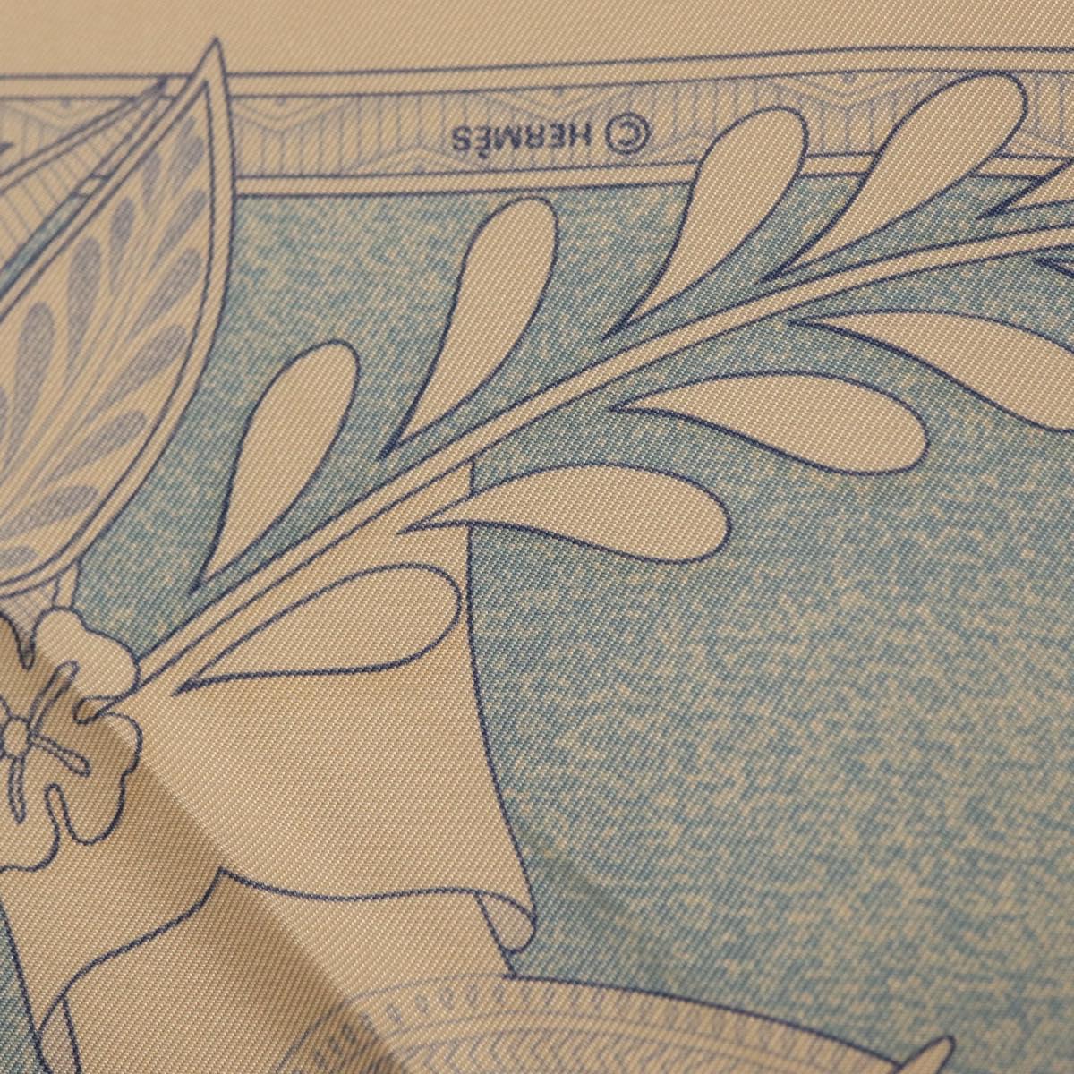 HERMES Carre 90 Scarf Silk Beige Light Blue ""Les chants du Henna"" Auth ki6863M