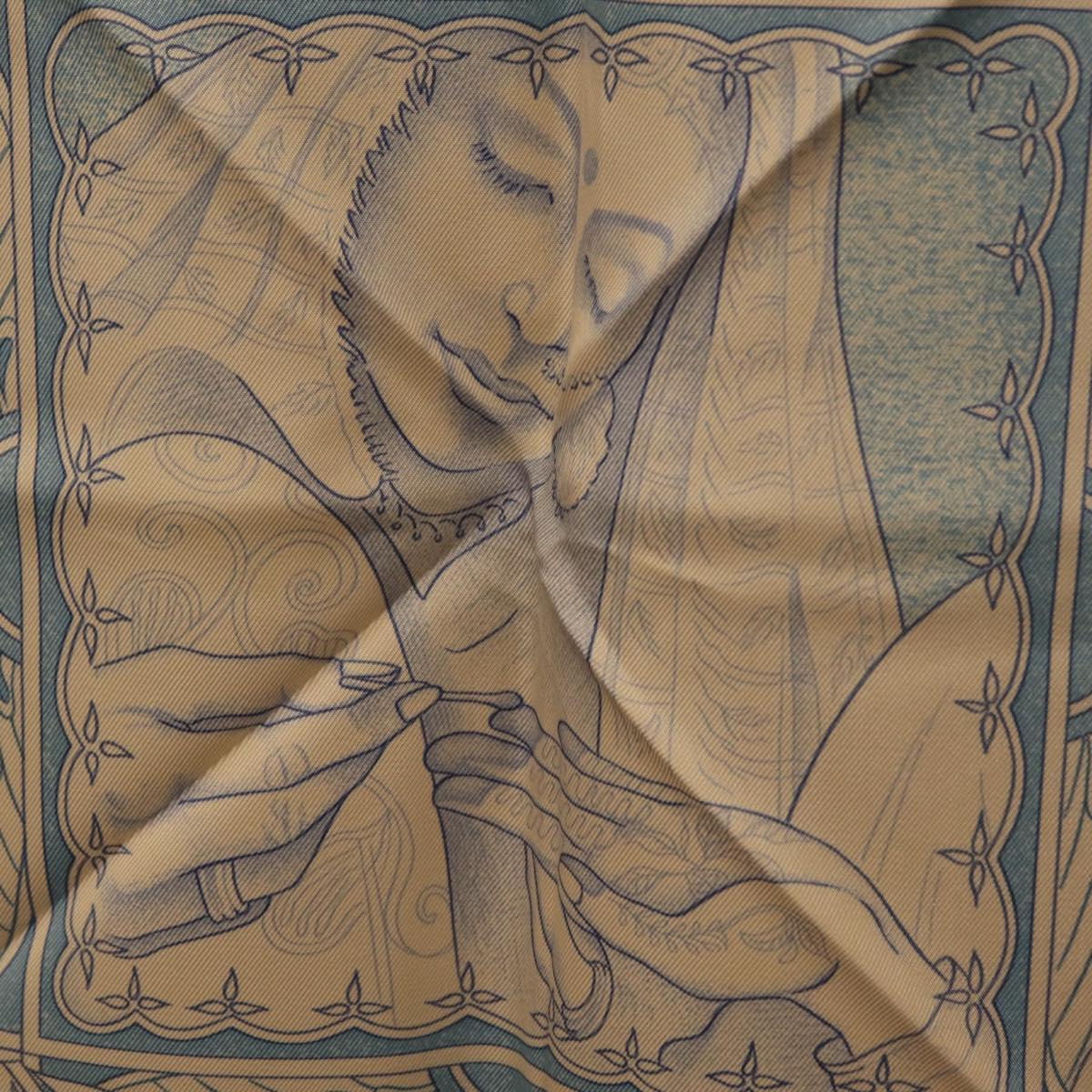 HERMES Carre 90 Scarf Silk Beige Light Blue ""Les chants du Henna"" Auth ki6863M