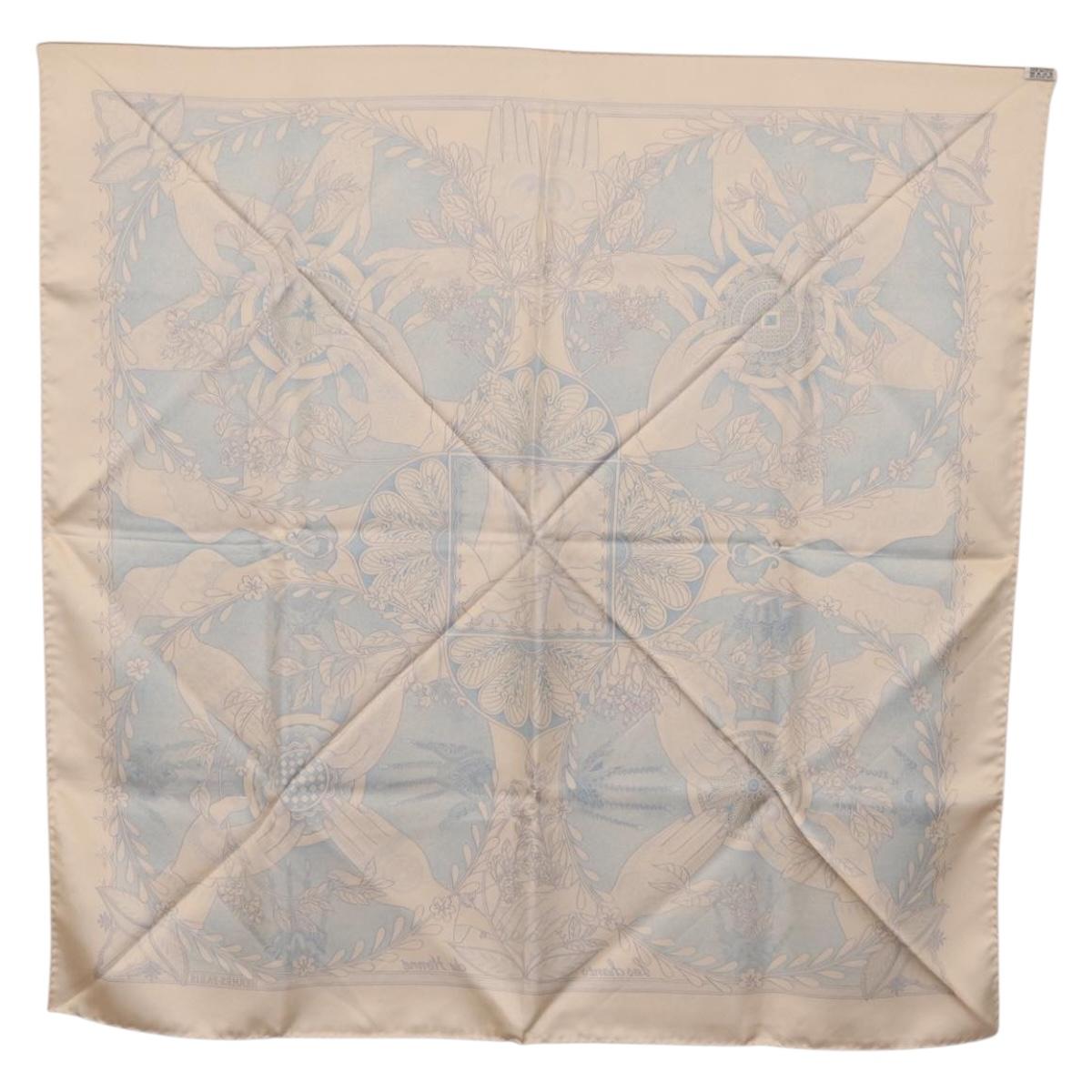 HERMES Carre 90 Scarf Silk Beige Light Blue ""Les chants du Henna"" Auth ki6863M
