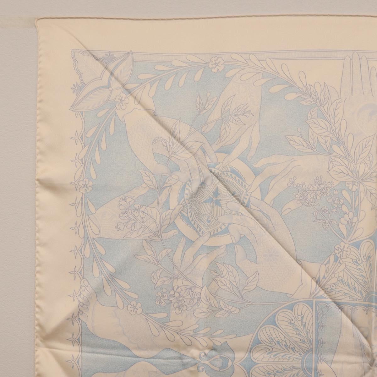 HERMES Carre 90 Scarf Silk Beige Light Blue ""Les chants du Henna"" Auth ki6863M