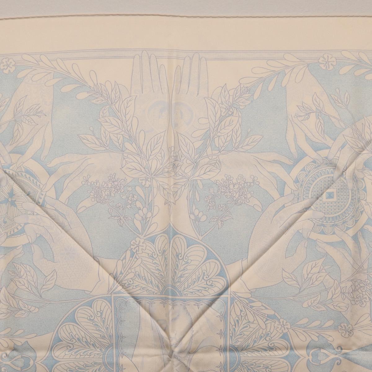 HERMES Carre 90 Scarf Silk Beige Light Blue ""Les chants du Henna"" Auth ki6863M